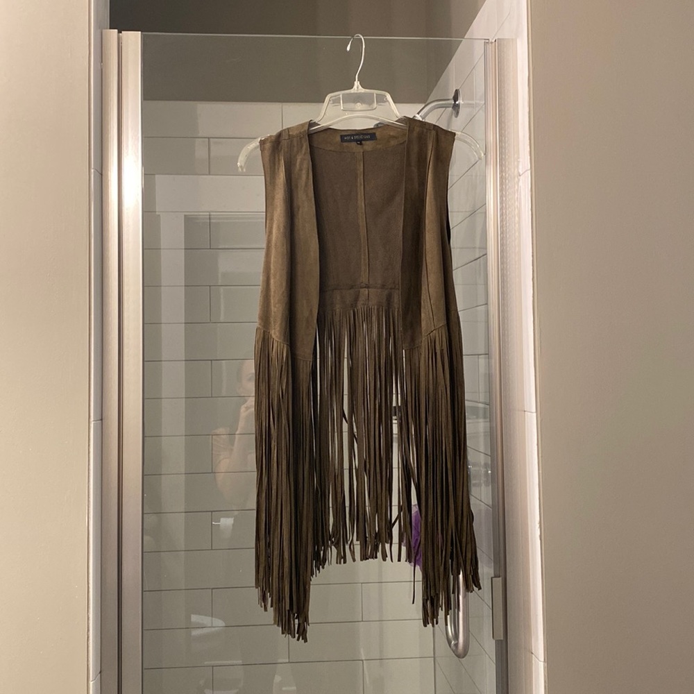 Olive suede vest with fringe